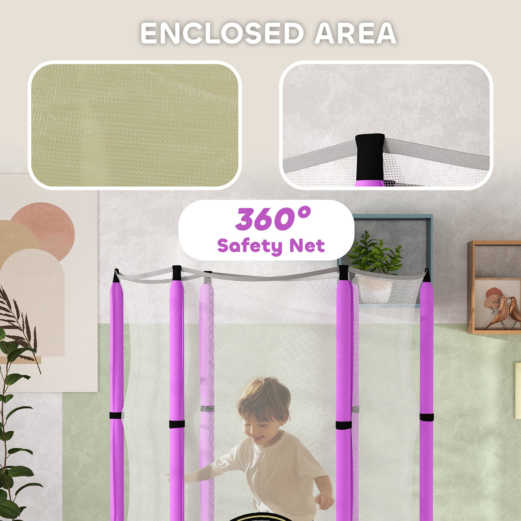 Aiyaplay 4.6ft purple toddler trampoline with 360-degree safety net and wear-resistant jump pad for indoor outdoor use
