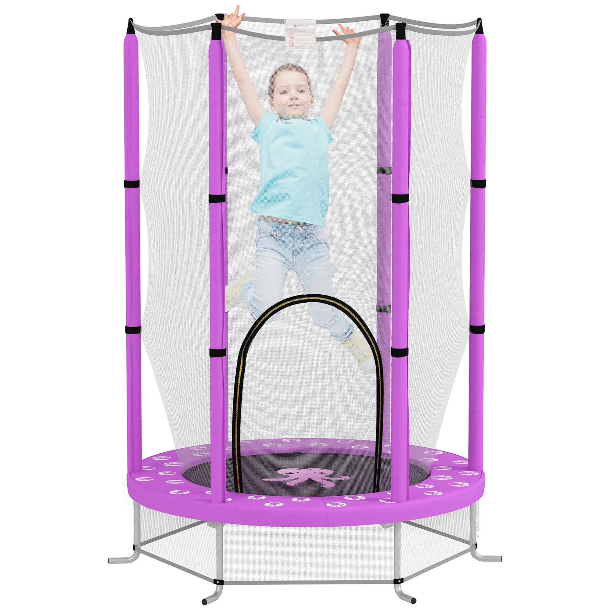 Purple aiyaplay 4.6ft toddler trampoline with safety net, wear-resistant jump pad, and elastic ropes for indoor outdoor use