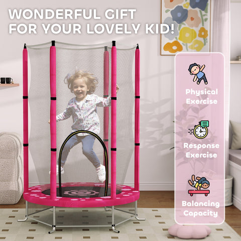 AIYAPLAY 4.6FT Toddler Trampoline w/ Safety Enclosure Net, for Indoor Outdoor Use, Ages 3-6 Years, Sun Pattern - Pink