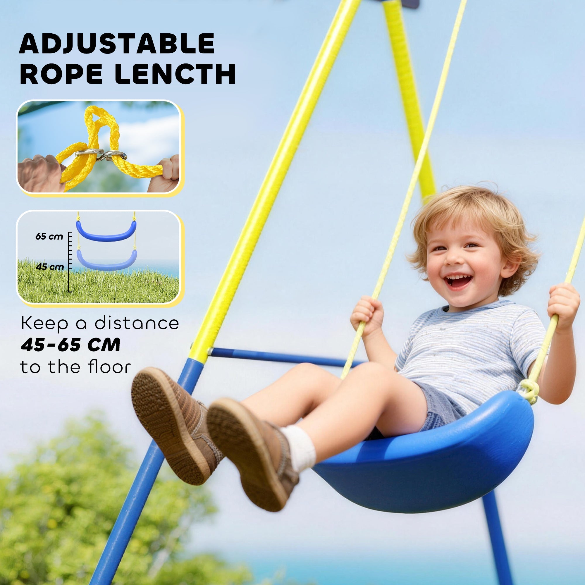 Blue plastic swing seat with yellow adjustable rope for 45-65 cm clearance in a kids swing set by AIYAPLAY