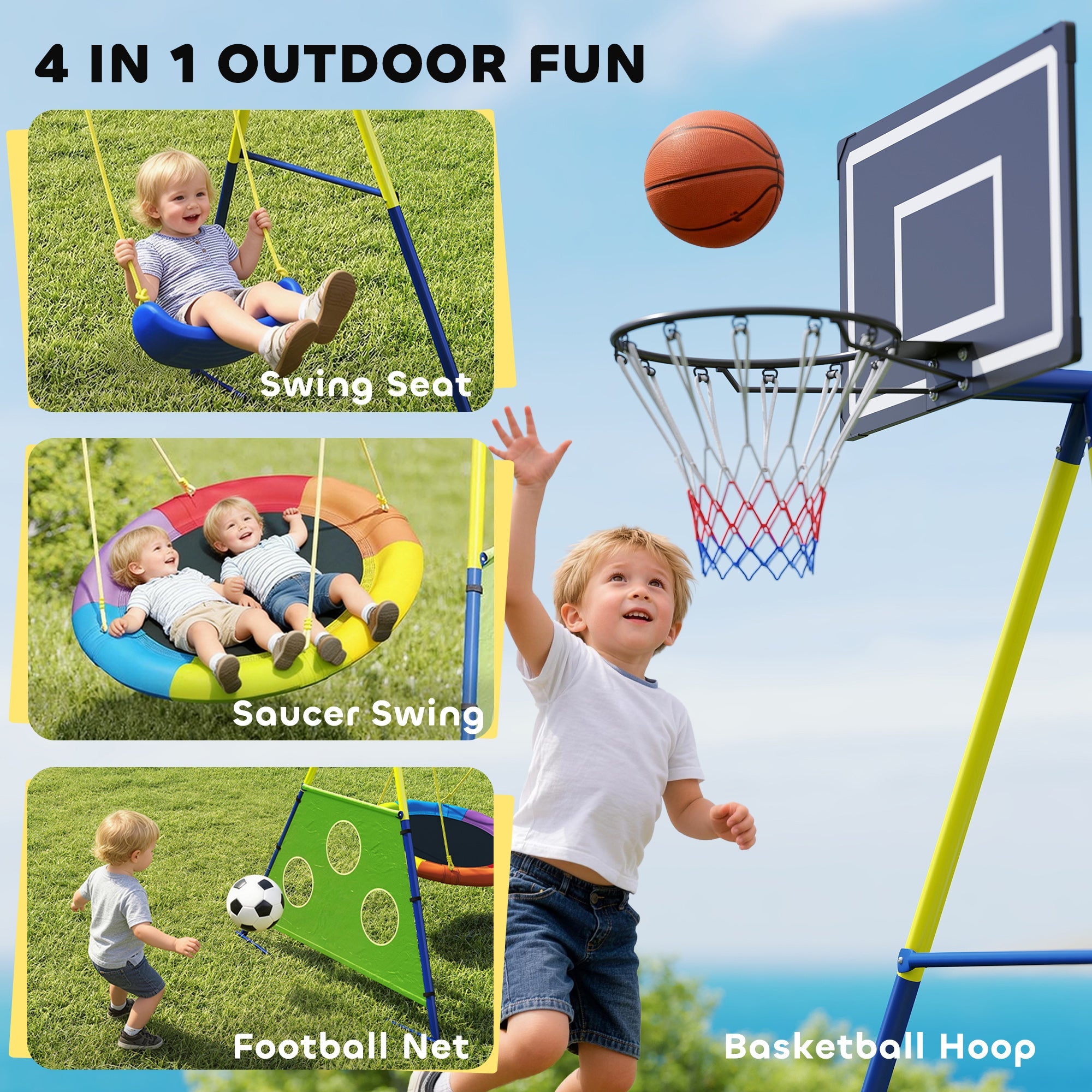 Aiyaplay kids swing set with blue and yellow basketball hoop black backboard and red white blue net for outdoor fun