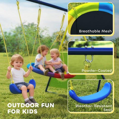 Blue weather-resistant plastic seat with yellow and green mesh sides on a kids swing set by AIYAPLAY
