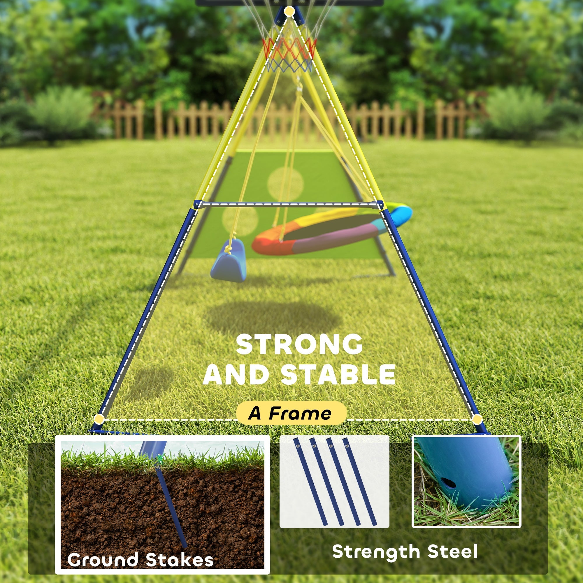 Aiyaplay 4-in-1 kids swing set in yellow and blue steel with ground stakes for stability outdoor playground playset
