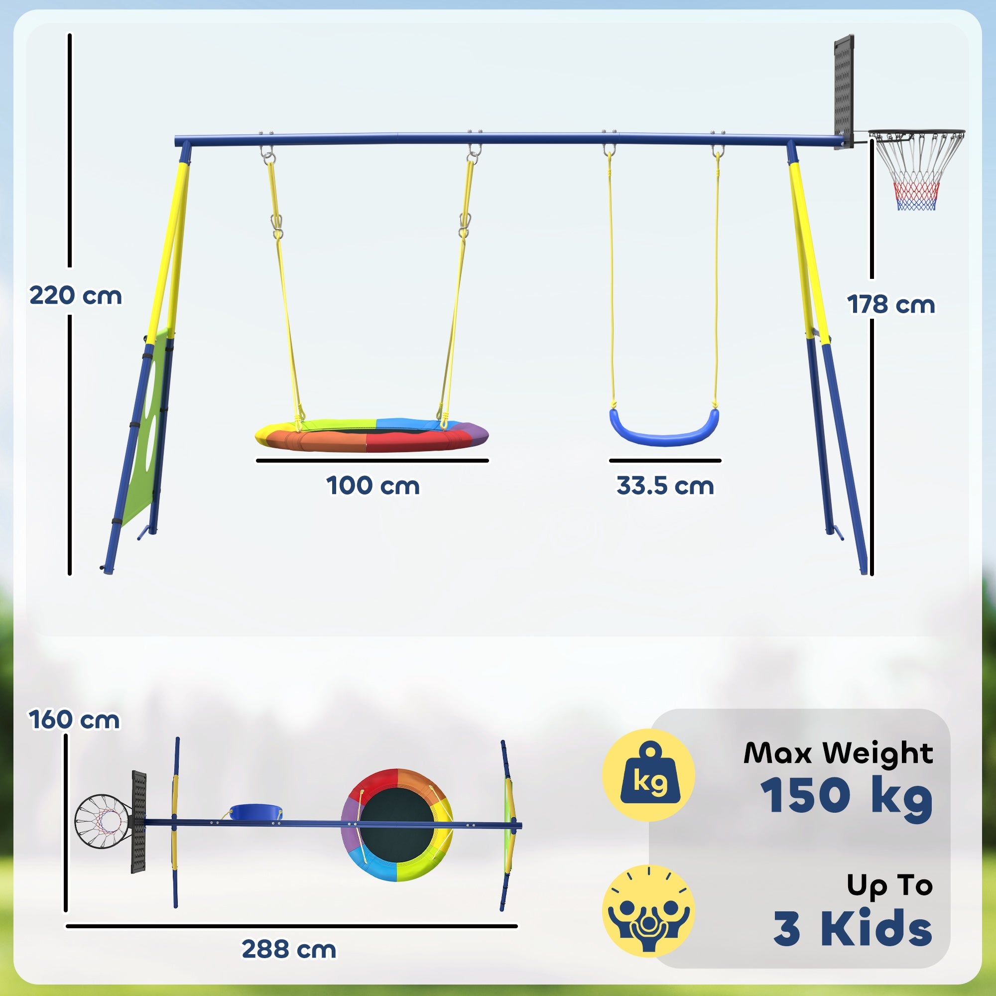 Aiyaplay 4-in-1 kids swing set with blue and yellow metal frame, saucer and seat swings, plus basketball hoop