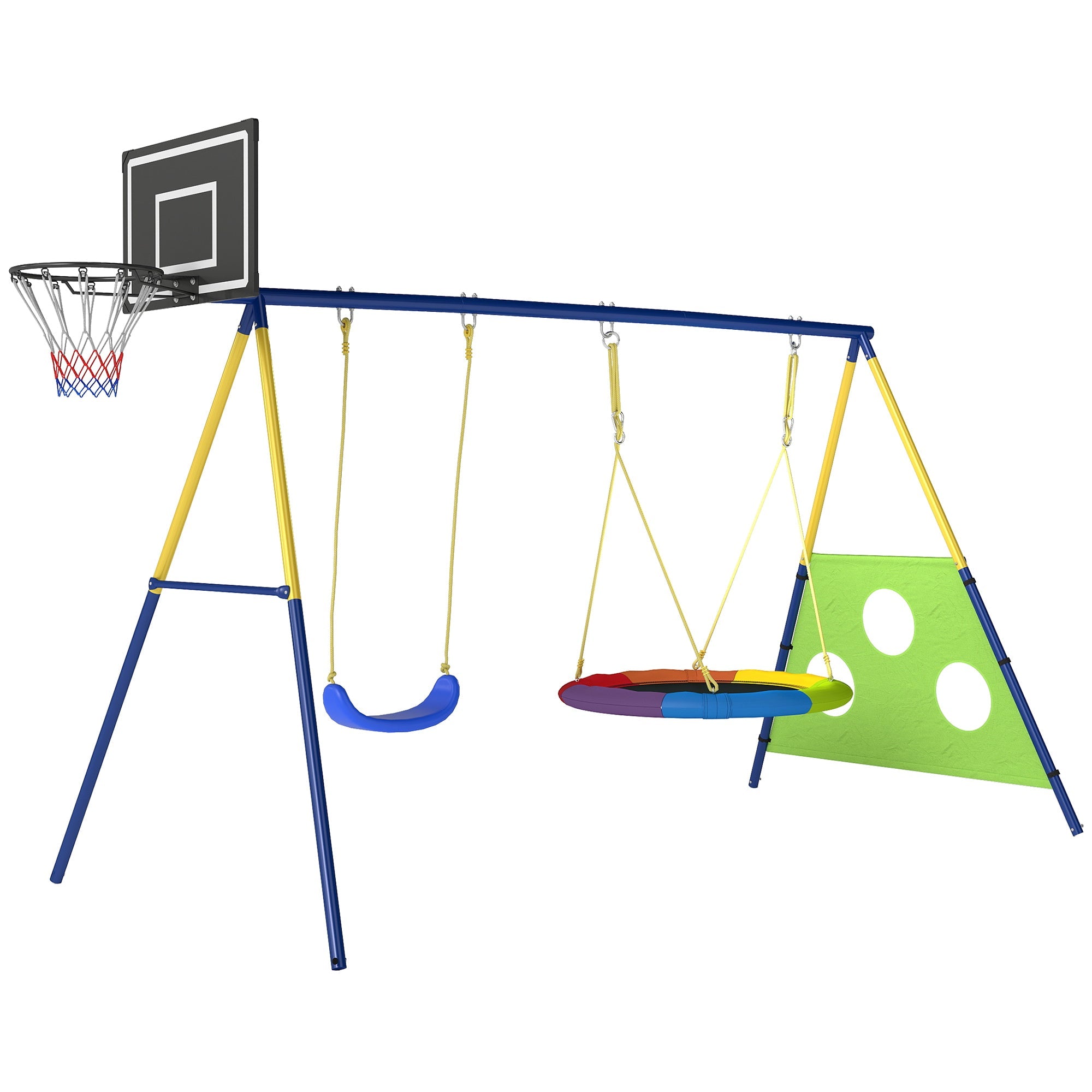 Aiyaplay blue and yellow metal kids swing set with basketball hoop, two swings, and green panel for outdoor fun