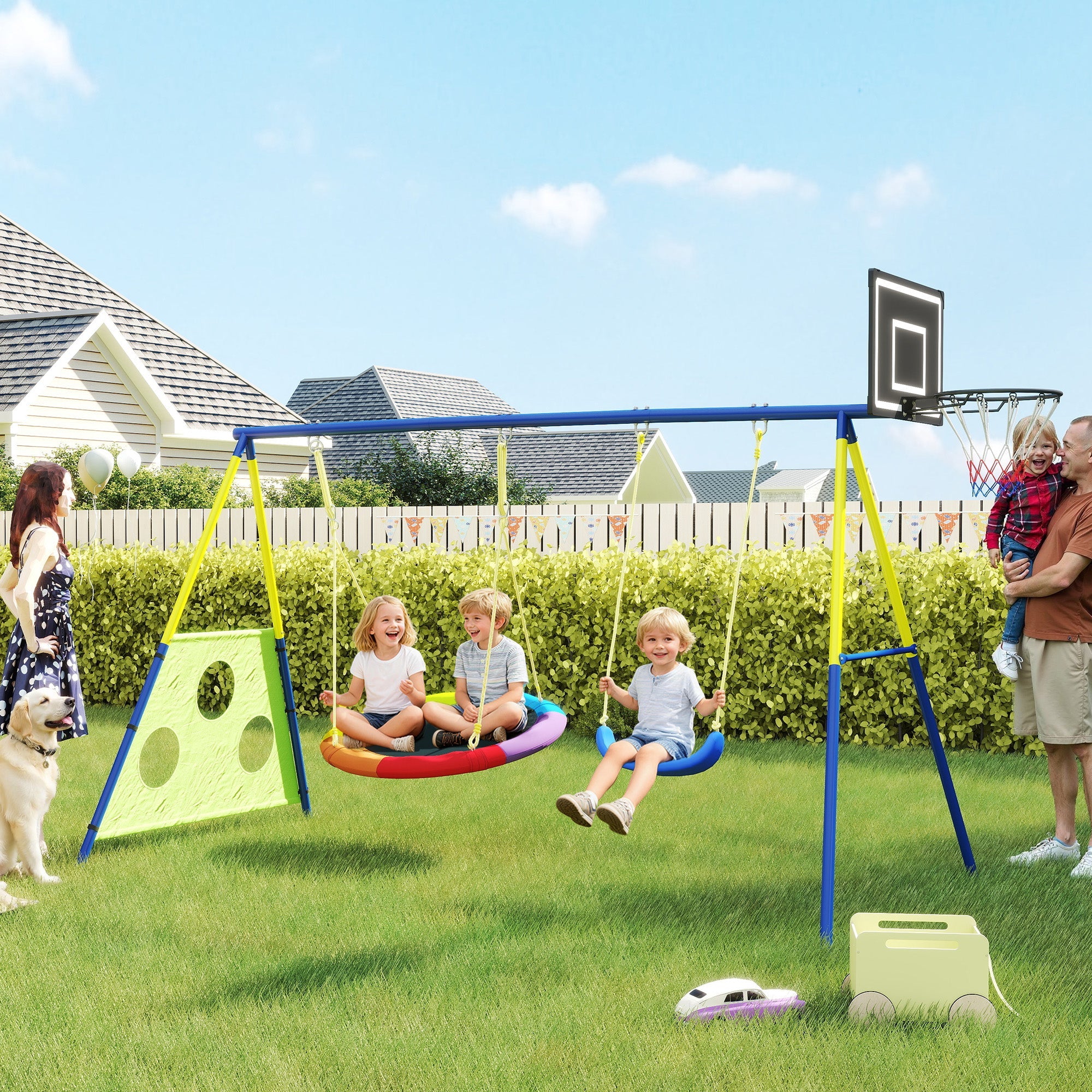 Colorful aiyaplay 4-in-1 kids swing set with saucer swing basketball hoop and football goal for outdoor play