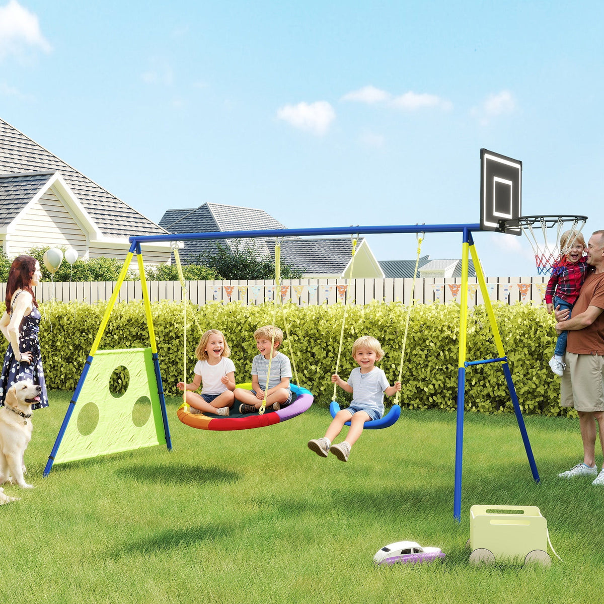 Colorful aiyaplay 4-in-1 kids swing set with saucer swing basketball hoop and football goal for outdoor play