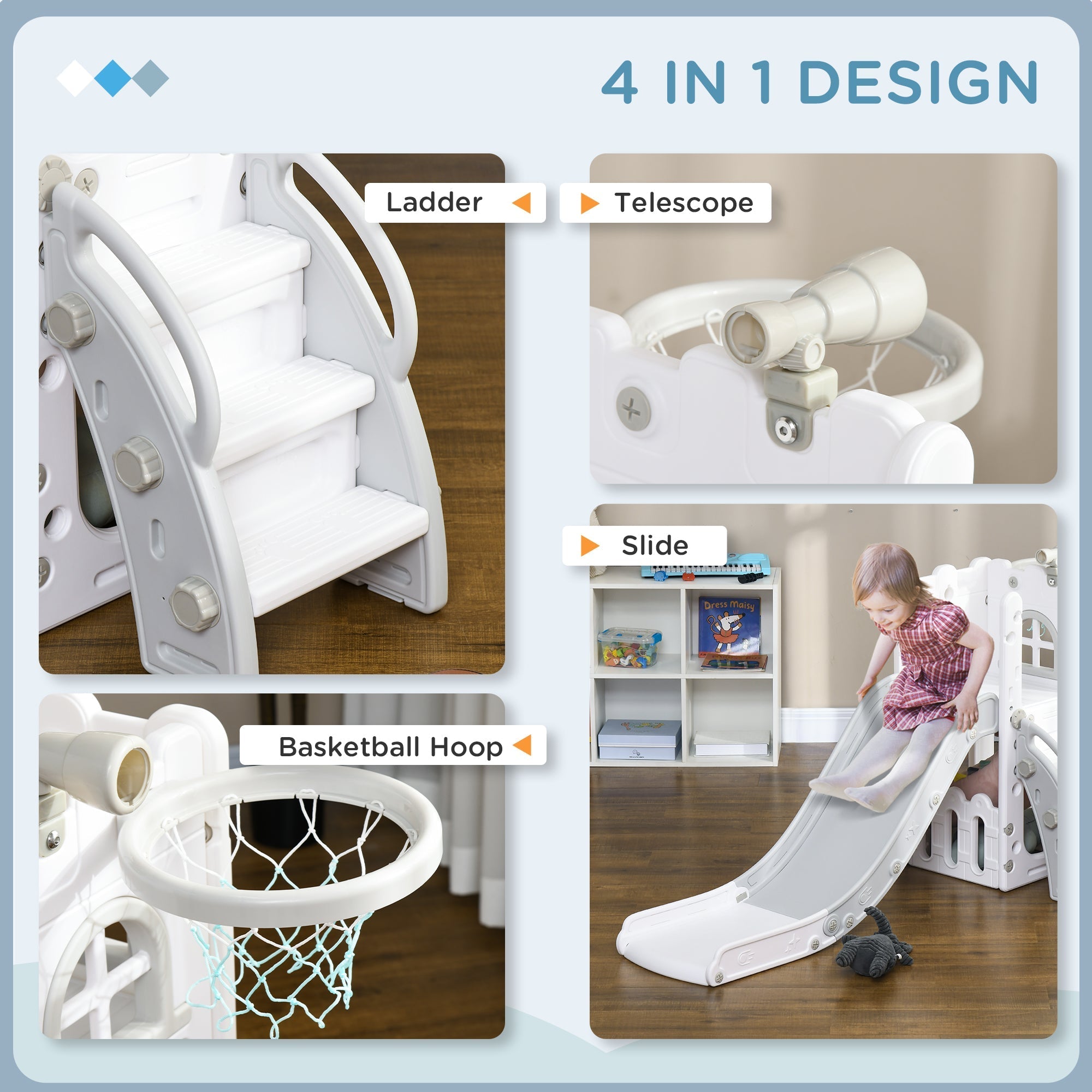 White plastic aiyaplay 4 in 1 toddler slide with kids slide, basketball hoop, telescope, climber, and storage basket
