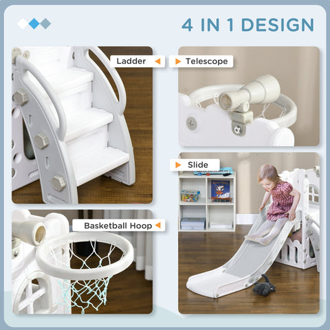 White plastic aiyaplay 4 in 1 toddler slide with kids slide, basketball hoop, telescope, climber, and storage basket