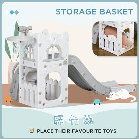 White and gray plastic kids slide with four-in-one design including climber telescope and storage basket by AIYAPLAY
