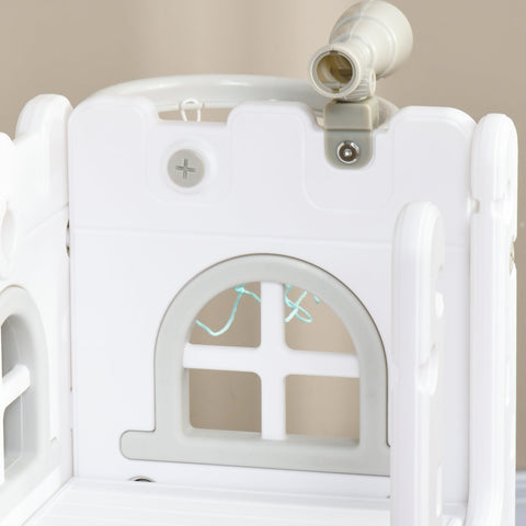 White plastic playpen panel with arched window and mounted toy telescope as part of aiyaplay four in one kids slide with storage basket