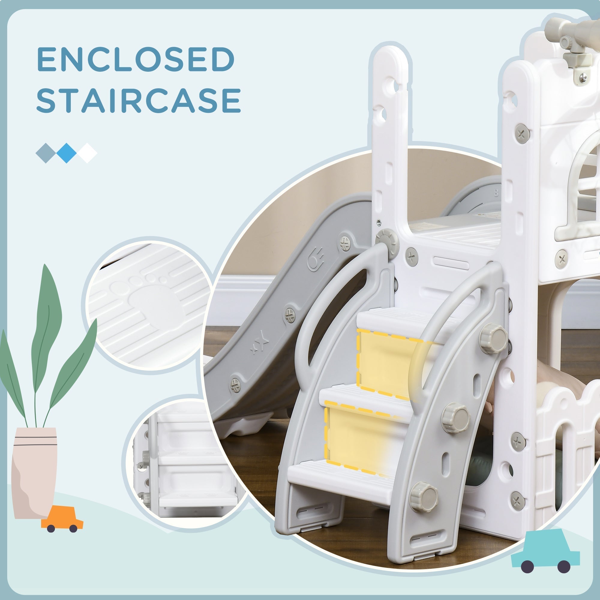 Aiyaplay grey plastic kids slide with white gray staircase yellow step inserts and storage basket four in one design