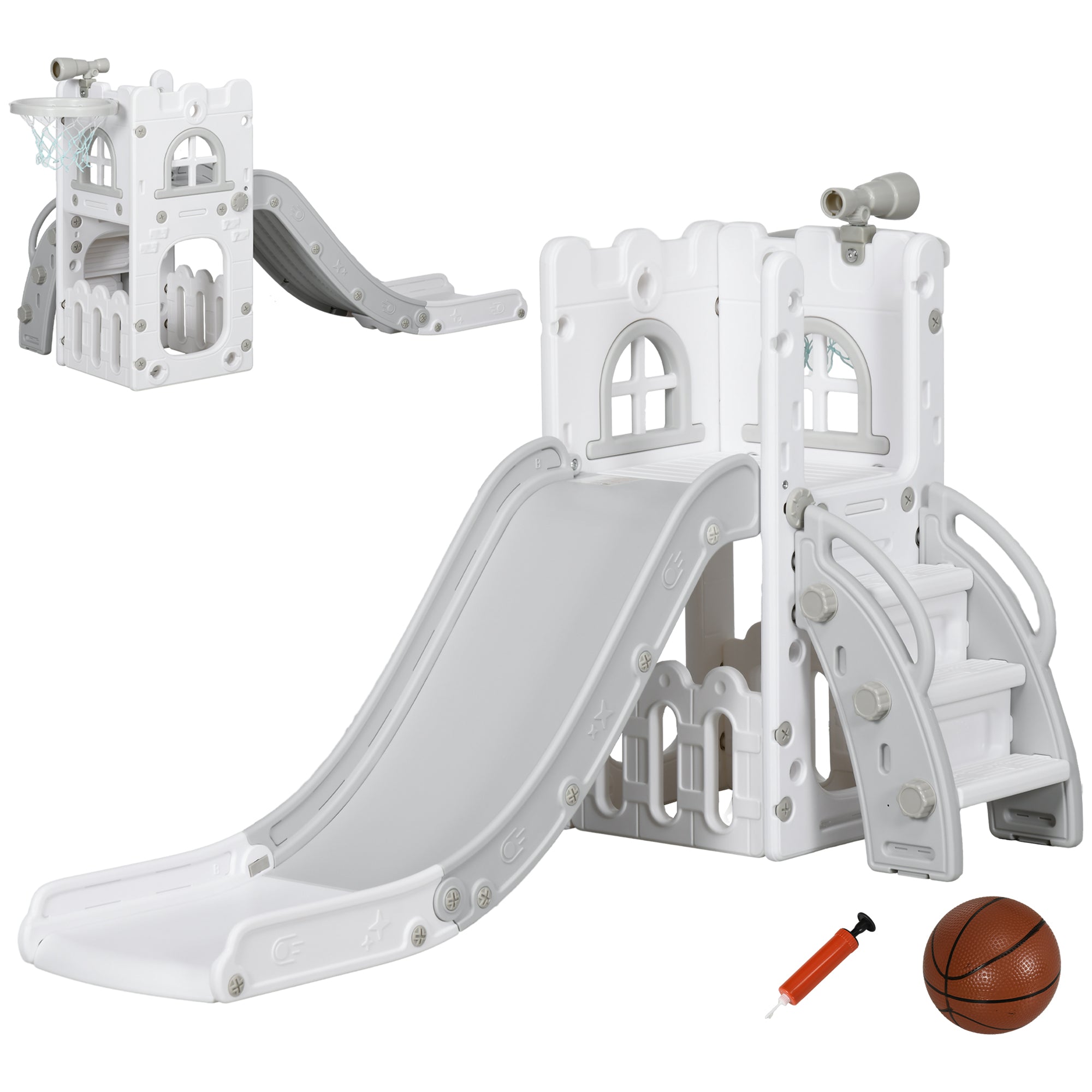 Aiyaplay grey plastic kids slide with four-in-one design including climber telescope and storage basket