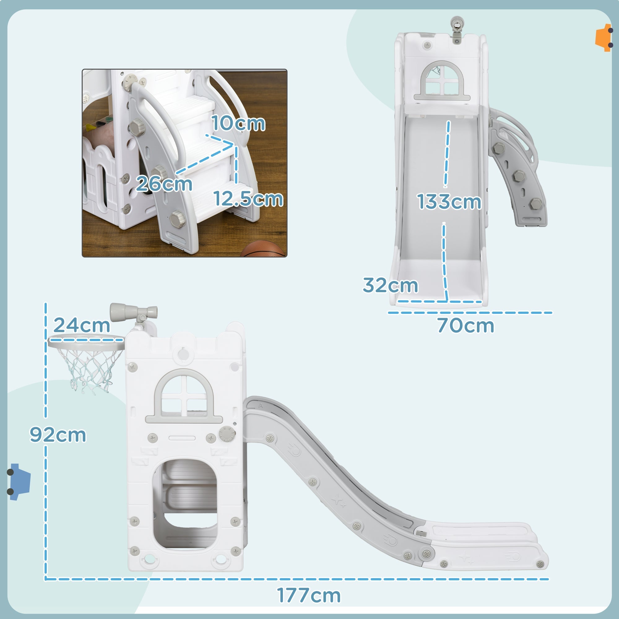 White plastic kids slide with four-in-one design including climbing ladder, basketball hoop, and storage basket