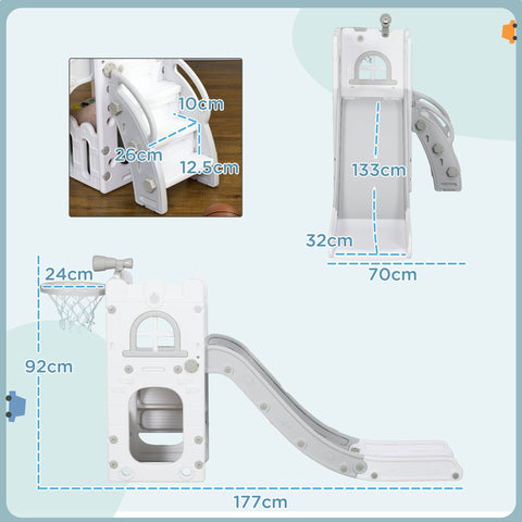 White plastic kids slide with four-in-one design including climbing ladder, basketball hoop, and storage basket
