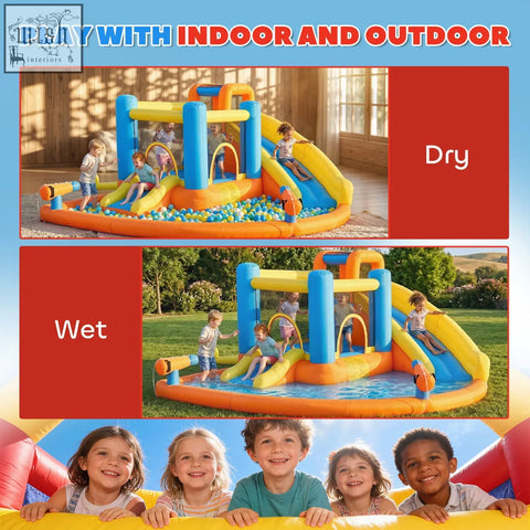 Aiyaplay brightly colored inflatable bouncy castle with blue yellow orange sections climbing wall and water cannons