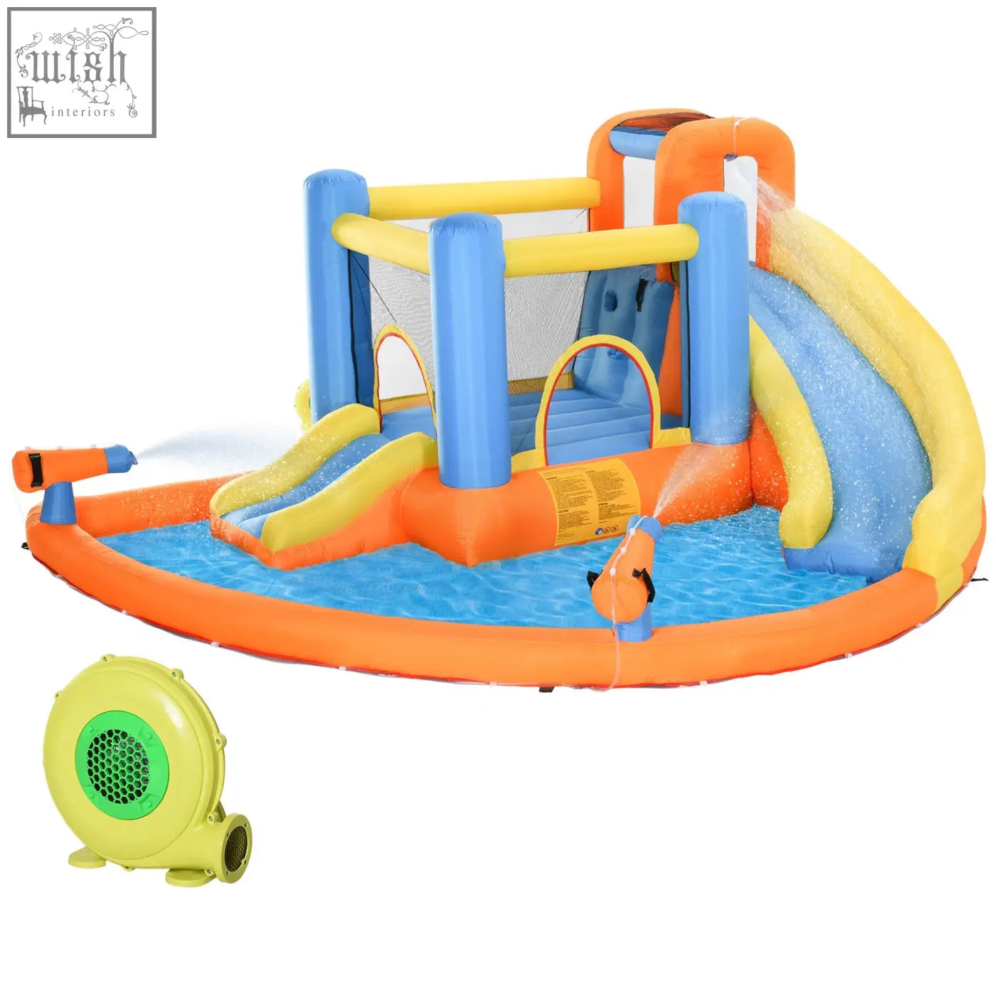 Aiyaplay 5 in 1 bouncy castle with bright orange and blue slides climbing wall and water cannons for kids fun