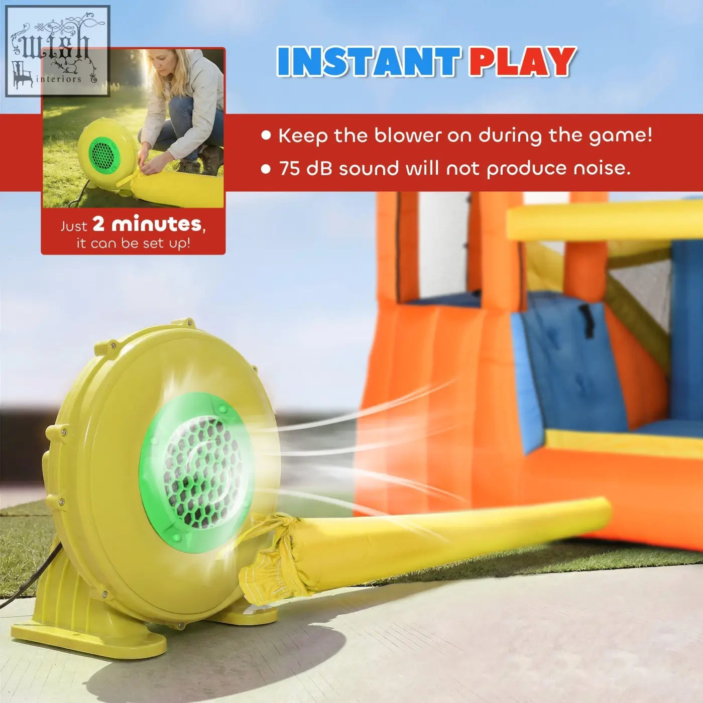 Yellow inflatable blower with green mesh grille and long nozzle for aiyaplay 5 in 1 bouncy castle with climbing wall and water cannons
