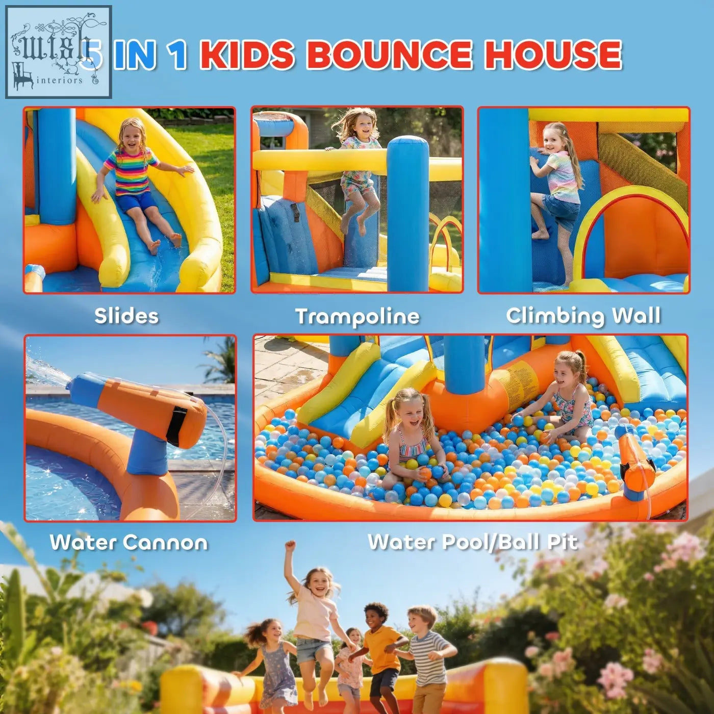 Bright blue and orange aiyaplay 5 in 1 bouncy castle with climbing wall water cannons slides and ball pit for kids