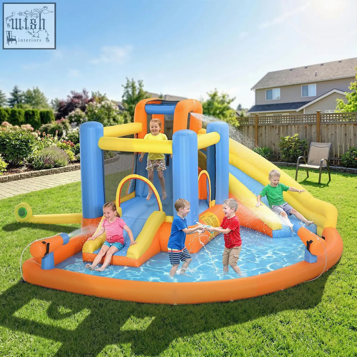 Aiyaplay 5 in 1 bouncy castle with climbing wall and water cannons in bright blue orange and yellow inflatable sections
