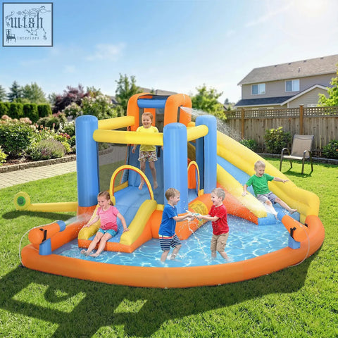Aiyaplay 5 in 1 bouncy castle with climbing wall and water cannons in bright blue orange and yellow inflatable sections