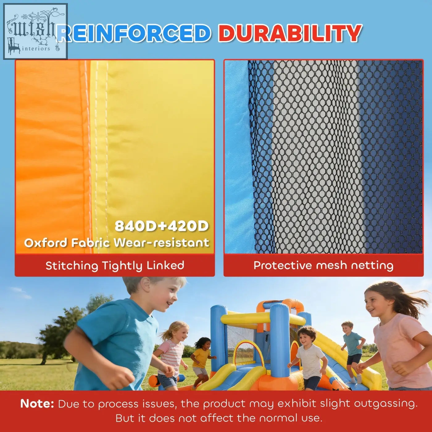 Bright orange and yellow aiyaplay 5 in 1 bouncy castle with climbing wall water cannons and blue inflatable poles