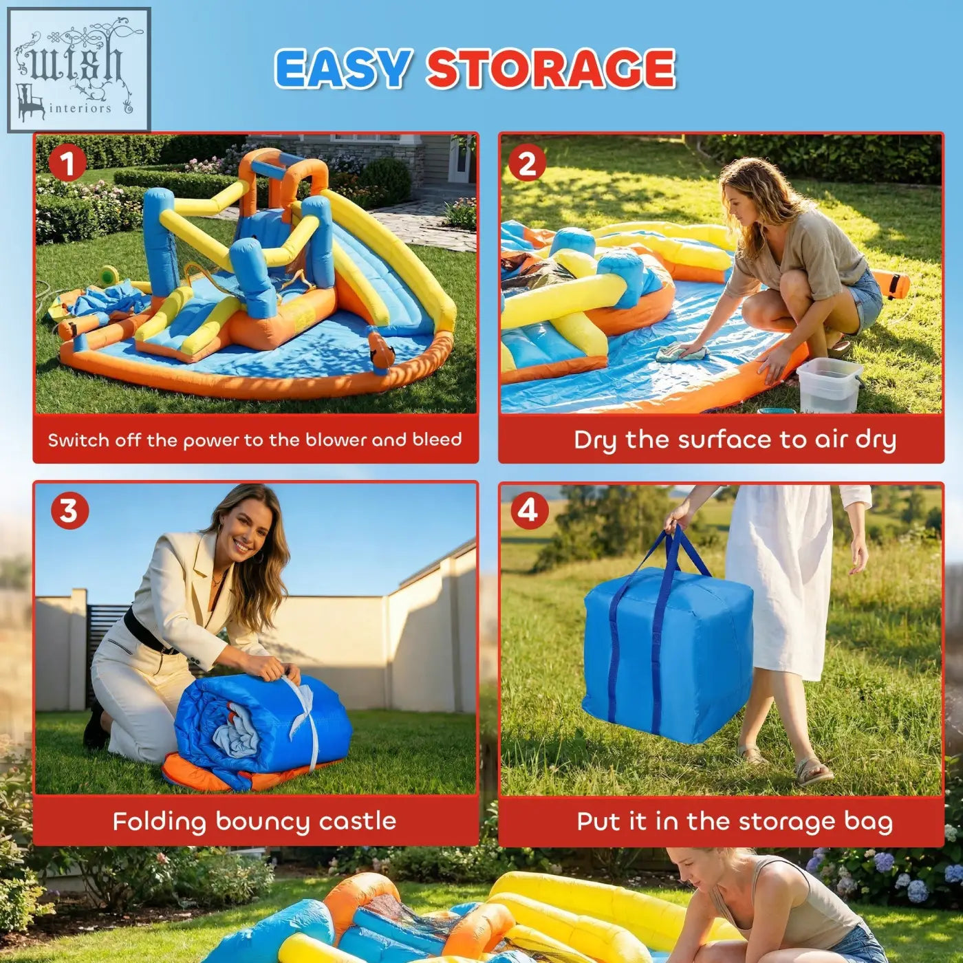 Aiyaplay 5 in 1 bouncy castle in blue yellow with orange accents featuring a climbing wall water cannons and easy storage bag