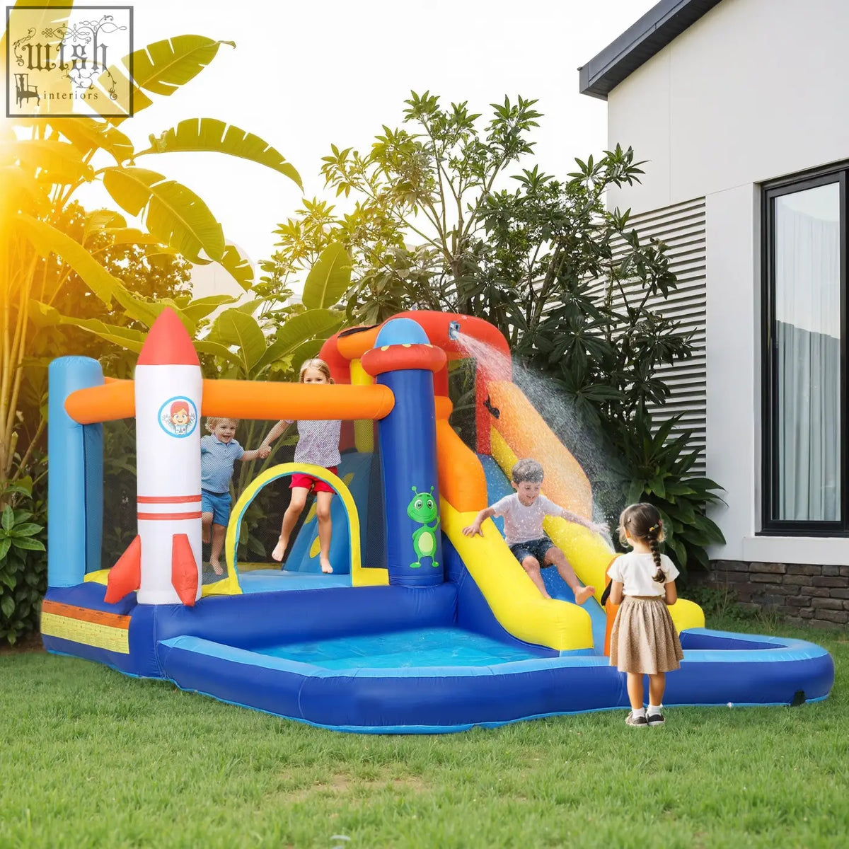 Colorful inflatable aiyaplay 5 in 1 bouncy castle with climbing wall jumping area and splash pool for kids fun
