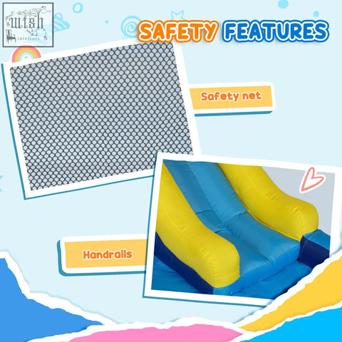 Blue and yellow inflatable AIYAPLAY 5 in 1 bouncy castle with splash pool climbing wall jumping area and safety net