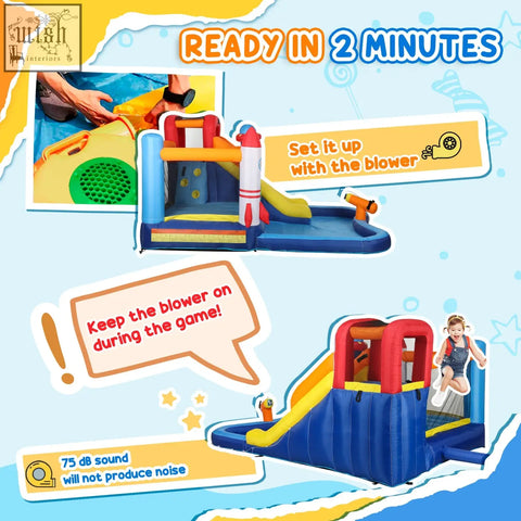 Blue and red AIYAPLAY 5 in 1 bouncy castle with rocket tower featuring splash pool, climbing wall, and jumping area