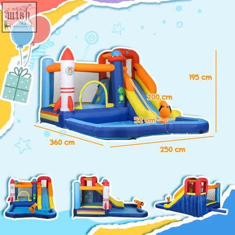 Blue and orange AIYAPLAY 5 in 1 bouncy castle with rocket slide featuring splash pool climbing wall and jumping area