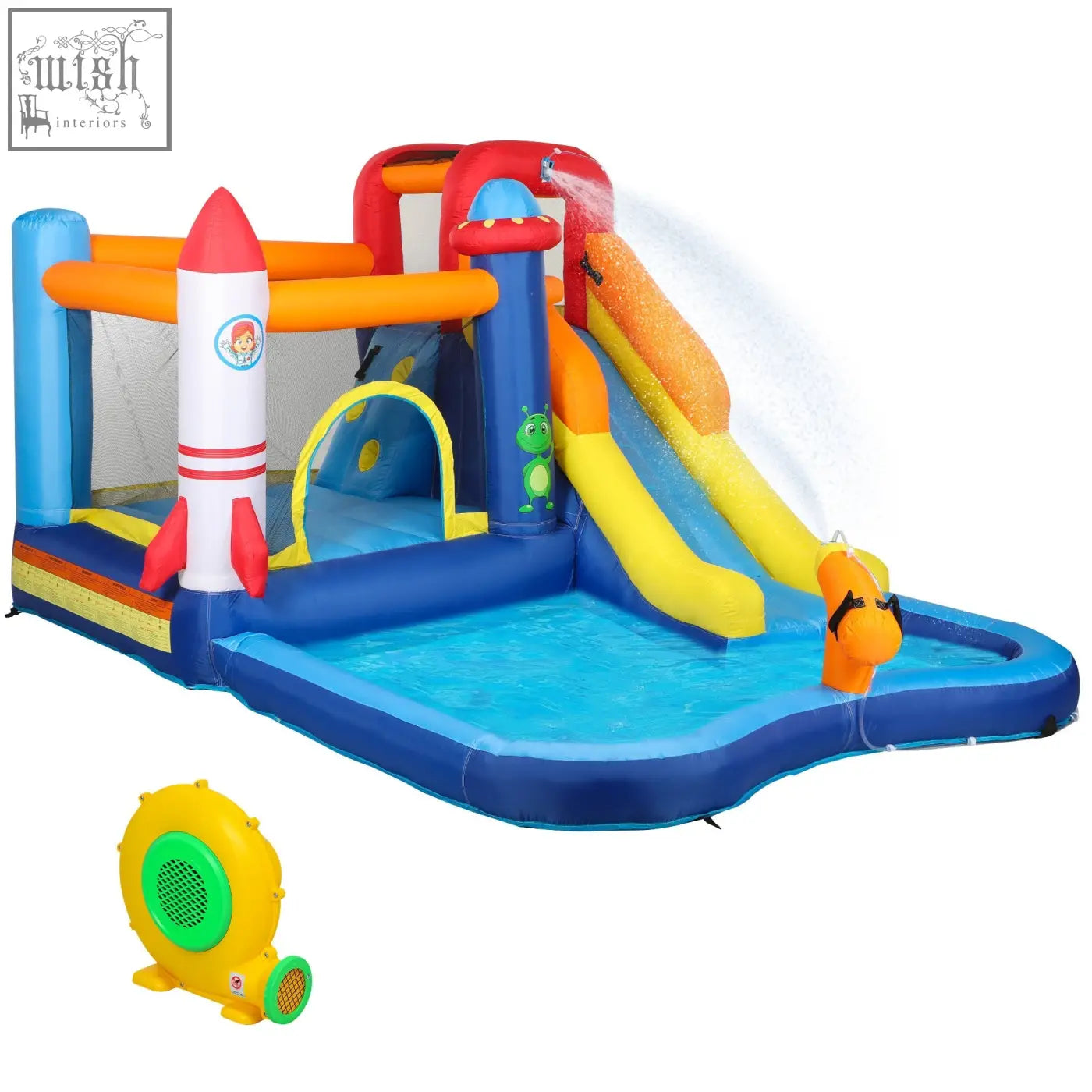 Colorful aiyaplay 5 in 1 bouncy castle with splash pool climbing wall jumping area and themed rocket alien dinosaur design