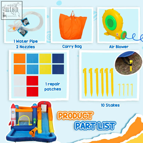Aiyaplay 5 in 1 bouncy castle with rocket tower colorful slides splash pool climbing wall and jumping area for kids fun