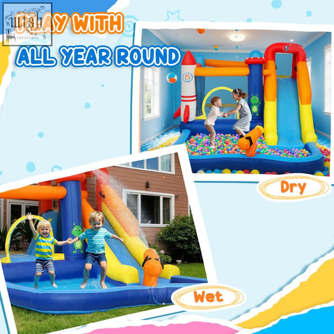 Aiyaplay 5 in 1 bouncy castle inflatable in blue orange yellow red with splash pool climbing wall and jumping area