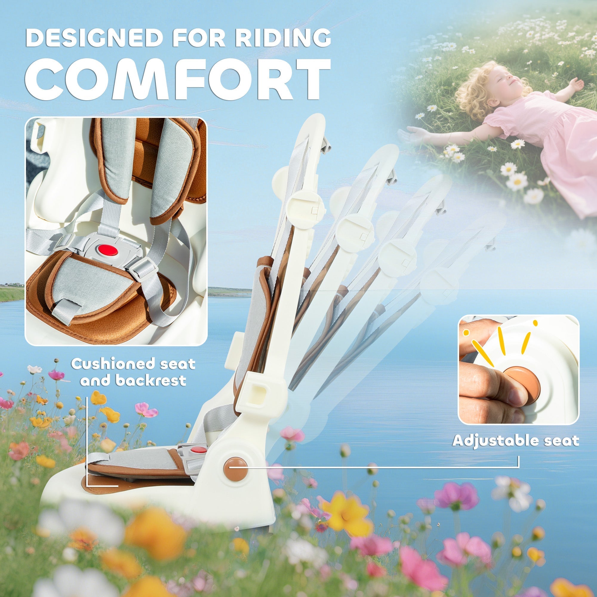 Aiyaplay cream white kids trike with brown cushioned seat, adjustable backrest, push handle, and storage bag