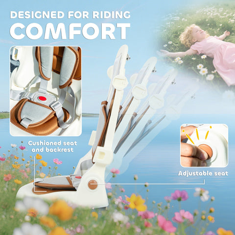 Aiyaplay cream white kids trike with brown cushioned seat, adjustable backrest, push handle, and storage bag