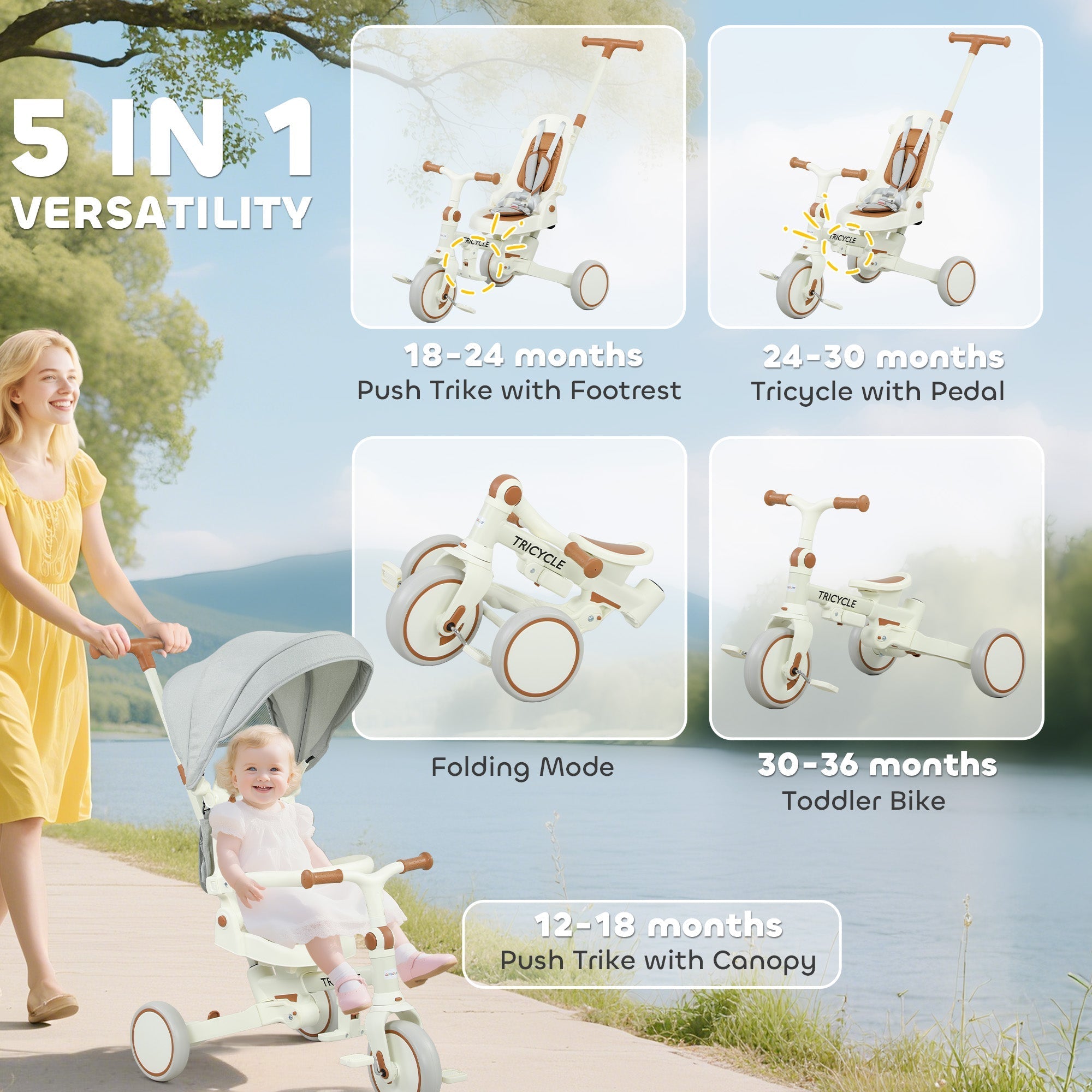 White and brown aiyaplay 5 in 1 kids trike with adjustable backrest push handle and storage bag for toddlers