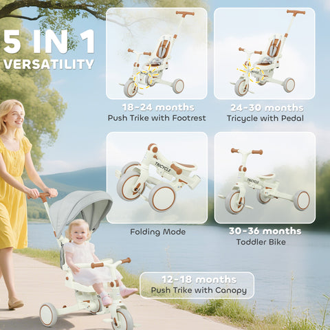 White and brown aiyaplay 5 in 1 kids trike with adjustable backrest push handle and storage bag for toddlers