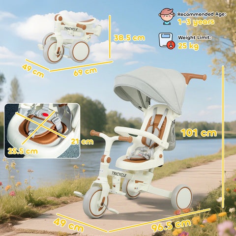Aiyaplay 5 in 1 kids trike in cream white with adjustable backrest, push handle, canopy, and storage bag