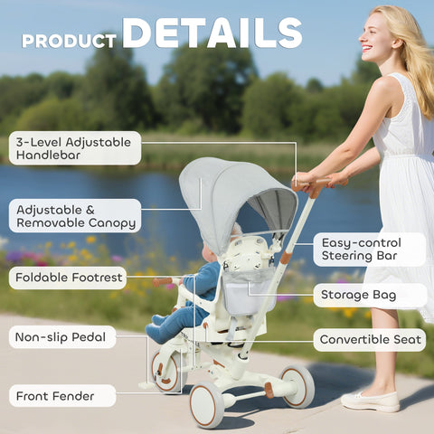 White and beige aiyaplay 5 in 1 kids trike with adjustable backrest push handle and storage bag with mesh canopy