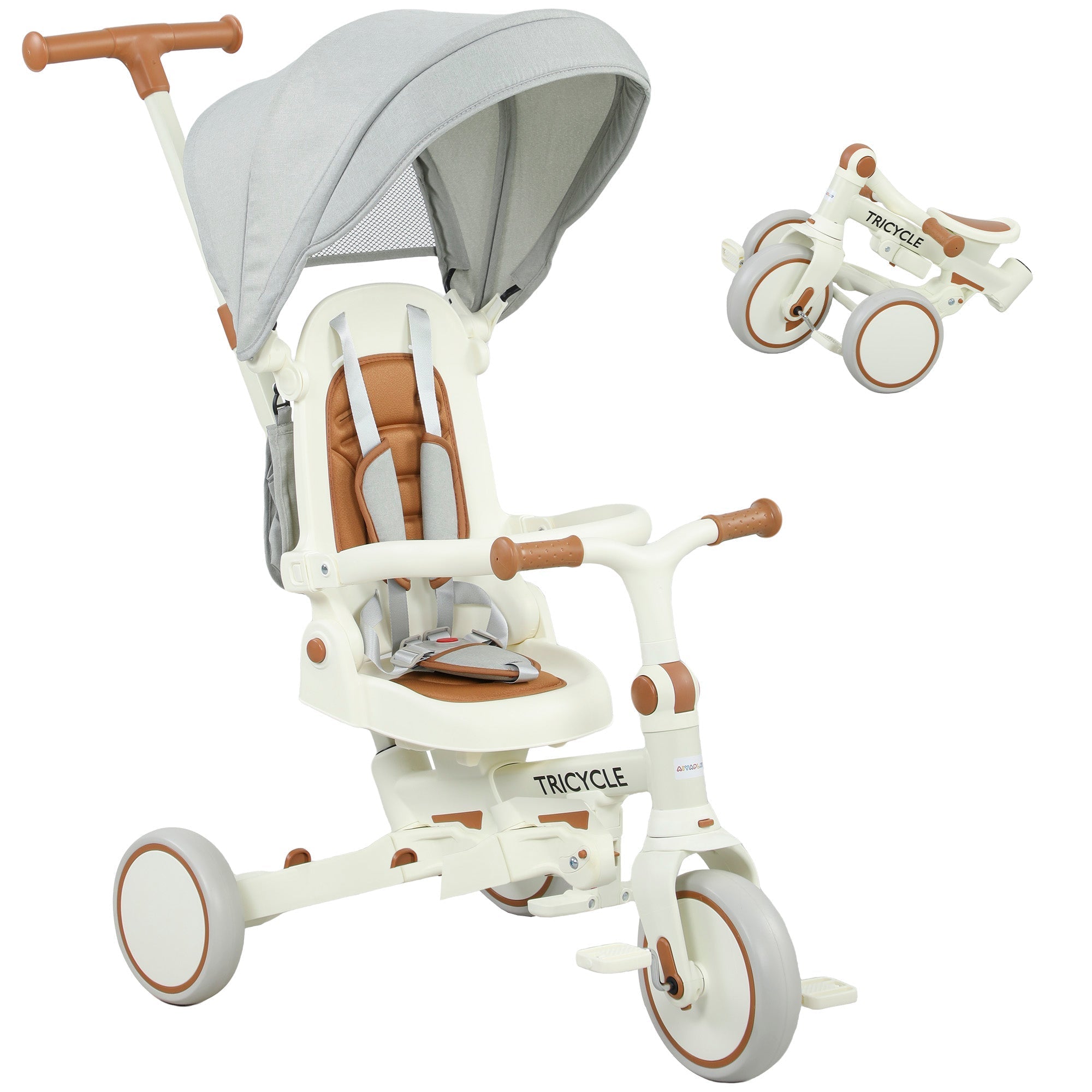 White and tan aiyaplay 5 in 1 toddler tricycle with wooden wheels, push handle, adjustable backrest, and canopy storage bag