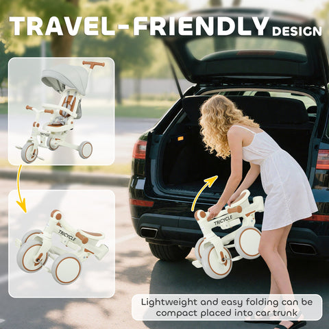 White and brown aiyaplay 5 in 1 kids trike with push handle, adjustable backrest, stroller canopy, and storage bag