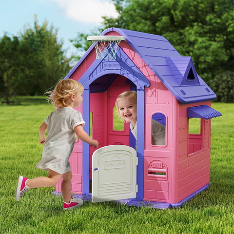 Pink and purple aiyaplay 5-in-1 plastic playhouse for kids with basketball hoop ring toss and football goal