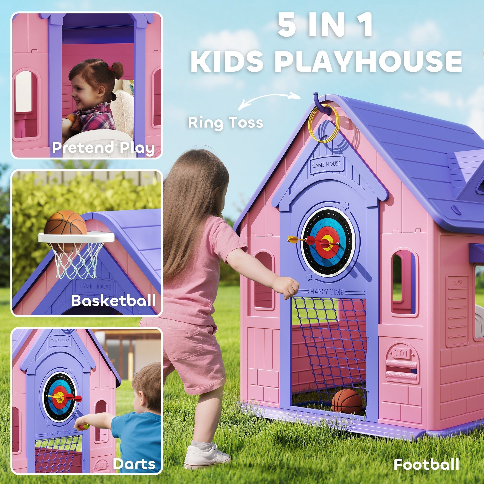 Pink and purple plastic aiyaplay 5-in-1 kids playhouse with basketball hoop ring toss and football goal for indoor outdoor fun
