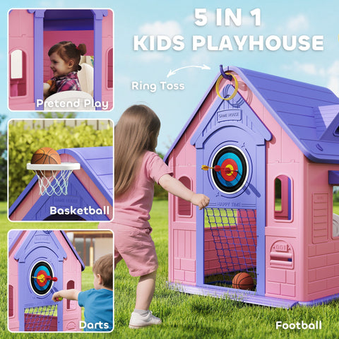 Pink and purple plastic aiyaplay 5-in-1 kids playhouse with basketball hoop ring toss and football goal for indoor outdoor fun