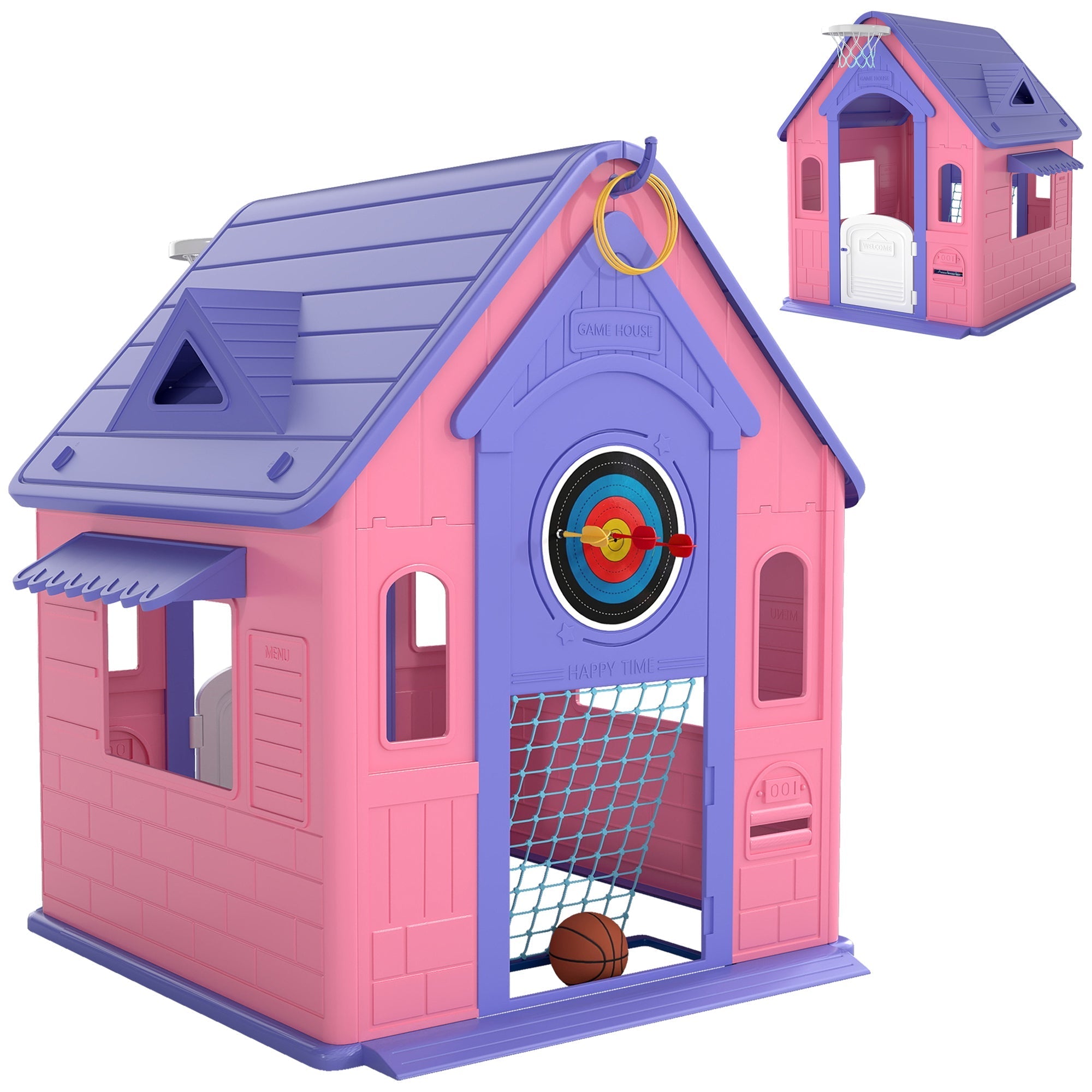 Pink and purple plastic aiayplay 5-in-1 playhouse for kids with basketball hoop football goal and ring toss outdoor indoor fun