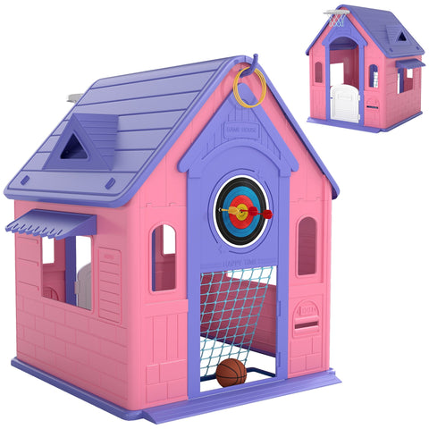 Pink and purple plastic aiayplay 5-in-1 playhouse for kids with basketball hoop football goal and ring toss outdoor indoor fun
