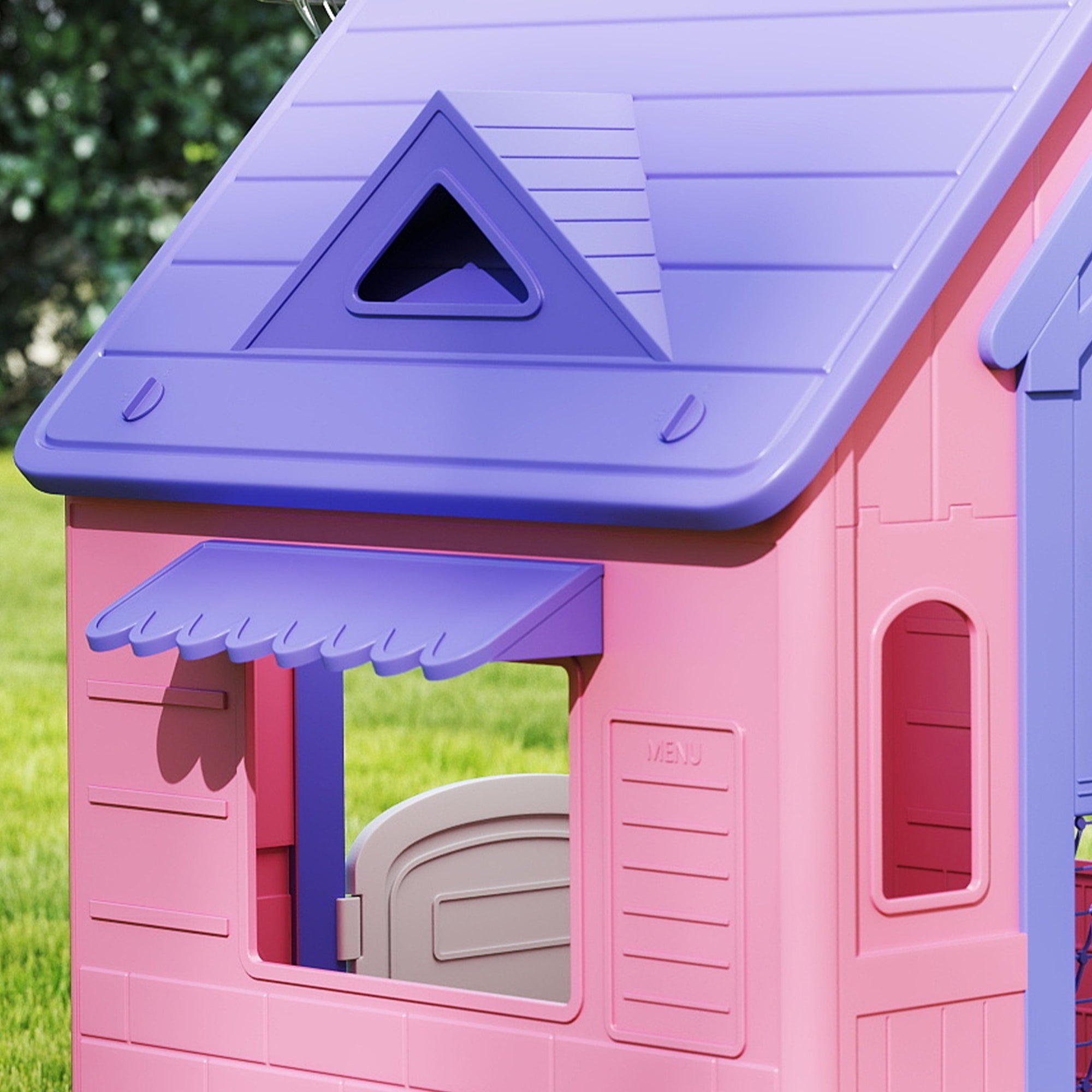 Pink and purple plastic aiyaplay 5-in-1 playhouse with basketball hoop ring toss and football goal for kids 2-5 years