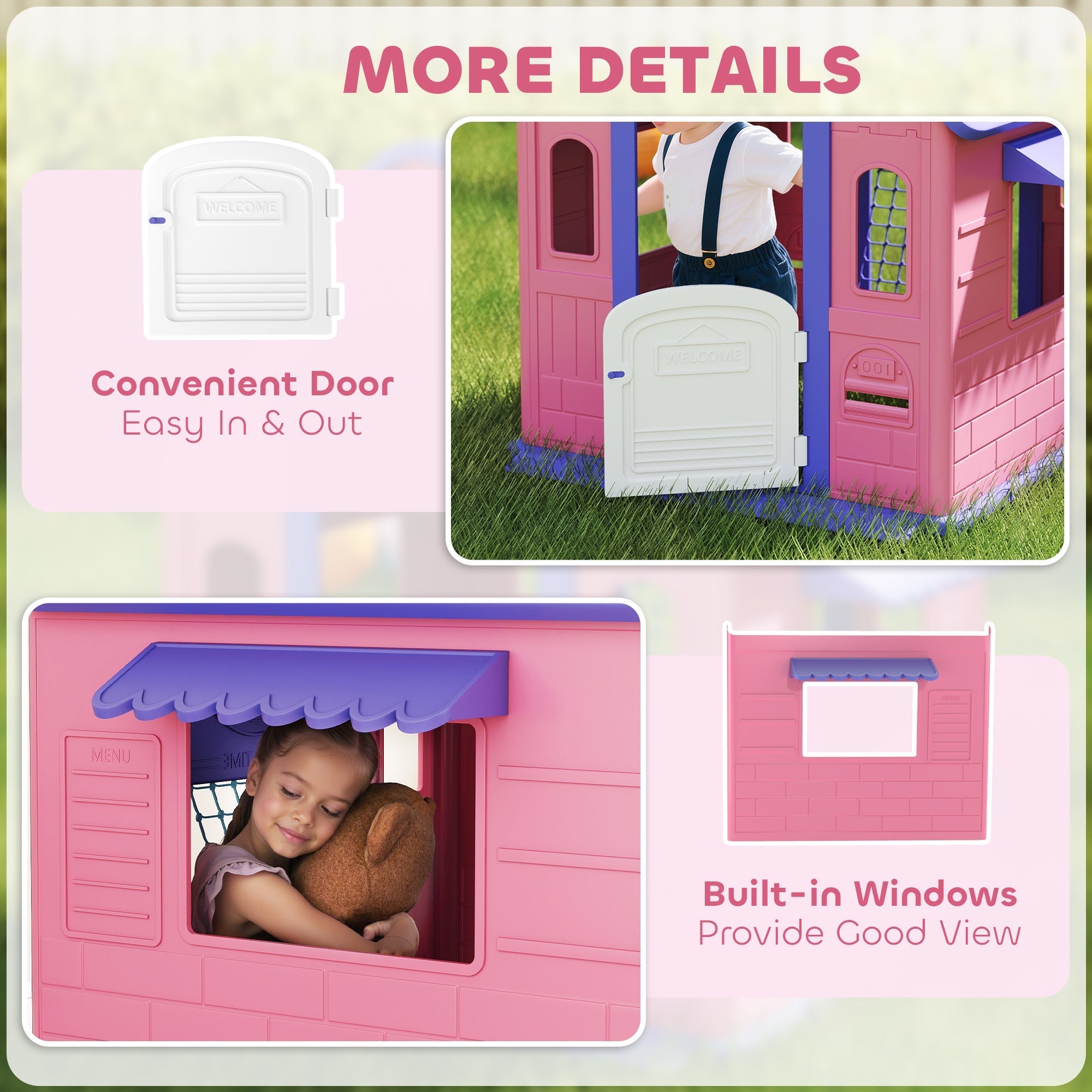 Pink aiyaplay 5-in-1 plastic playhouse with white door, purple awning, basketball hoop, ring toss, and football goal for kids