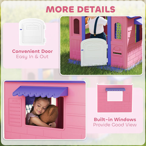 Pink aiyaplay 5-in-1 plastic playhouse with white door, purple awning, basketball hoop, ring toss, and football goal for kids